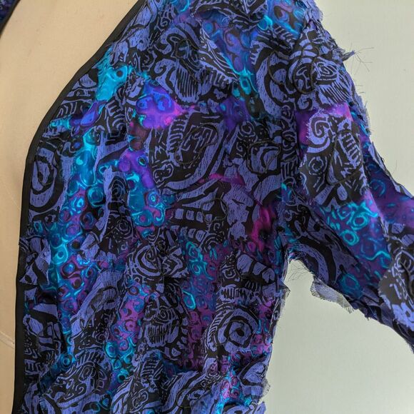 Vintage Chicos Silk Jacket Topper Blazer S Blue Black Art Eclectic Funky Floral - Picture 6 of 11